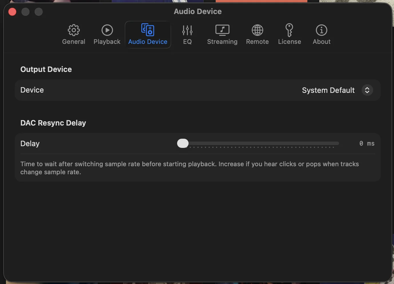 Audio device settings with signal path and bit-perfect indicator