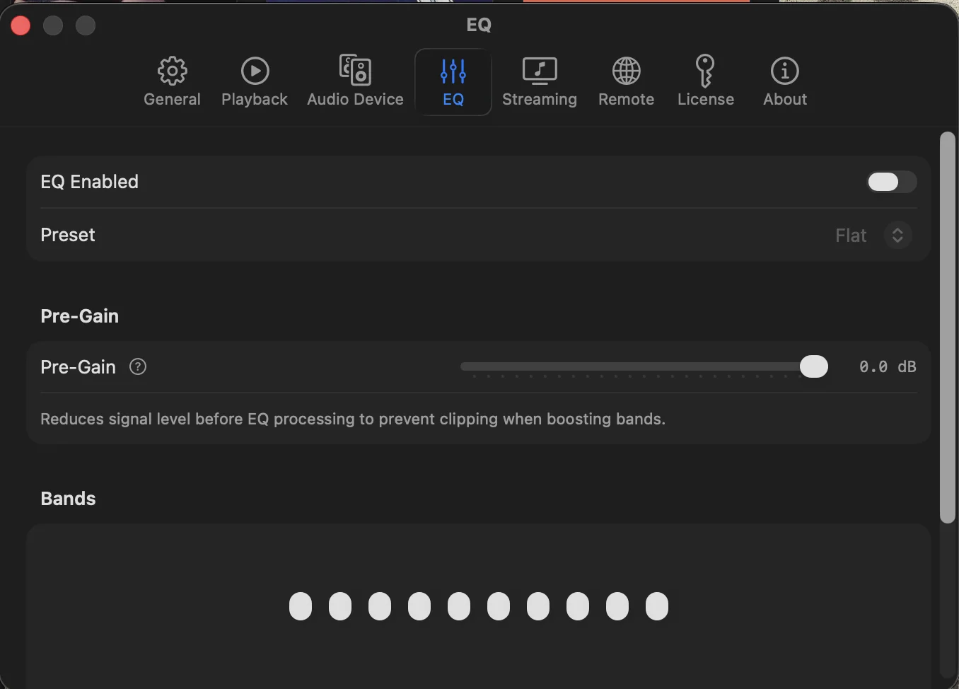10-band parametric EQ and audio processing settings