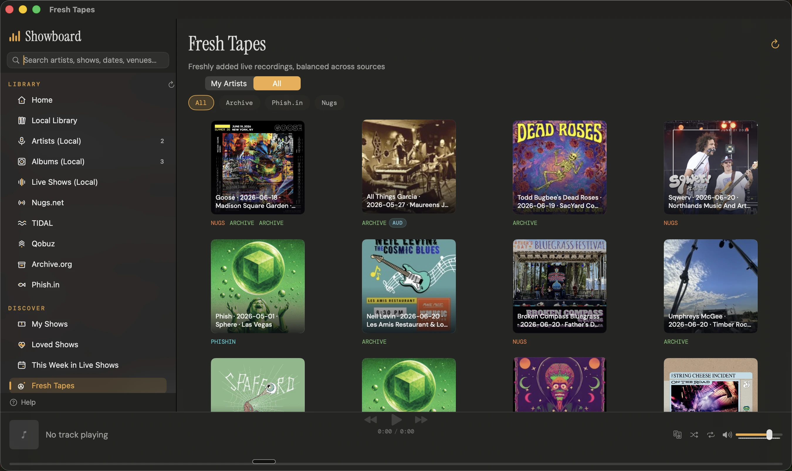 Fresh Tapes rail showing recently added live recordings across nugs, Archive.org, and Phish.in with SBD and AUD source badges