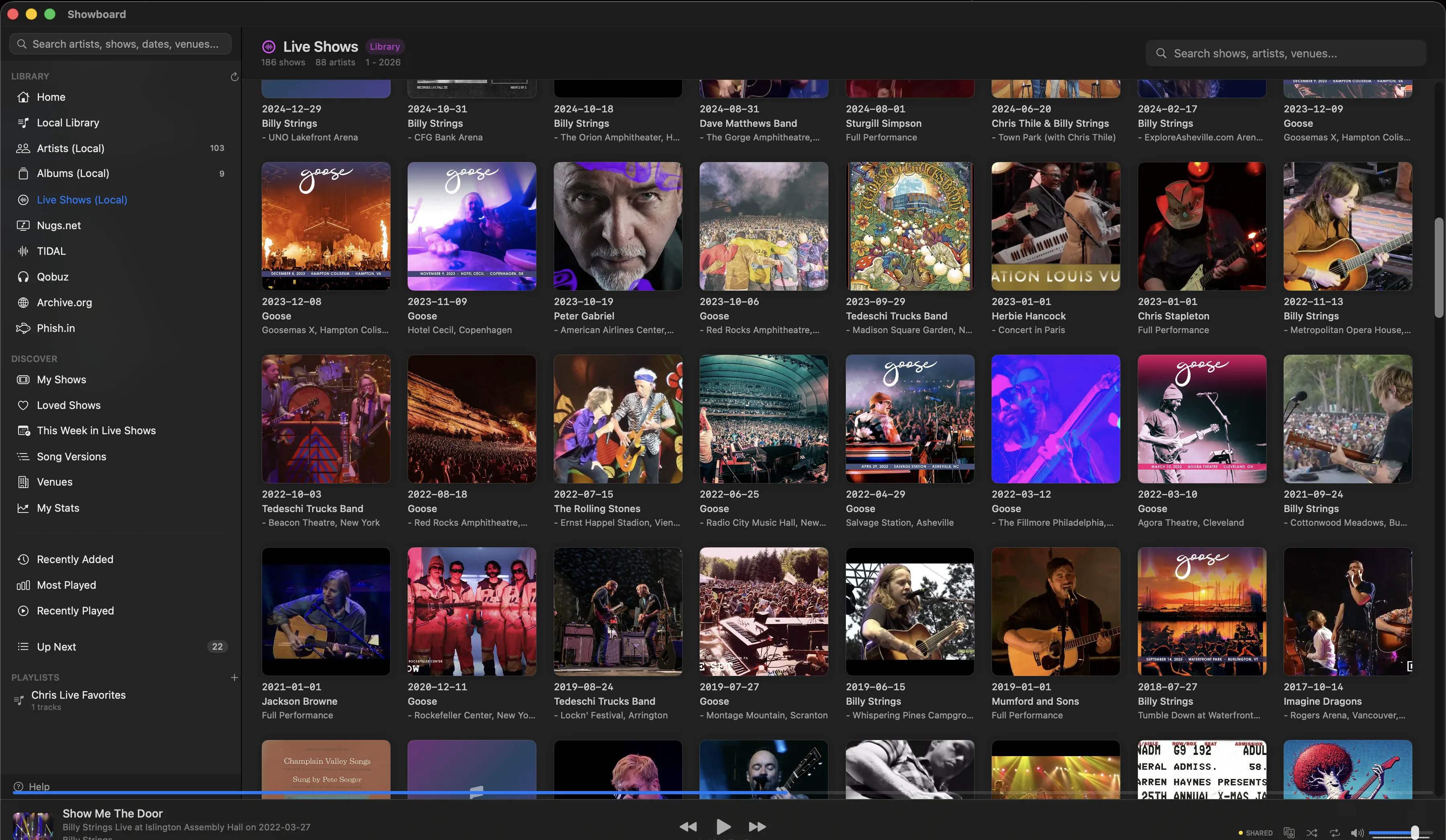 Concert diary grid showing attended shows with photos from Billy Strings, Goose, Dead & Company, and more