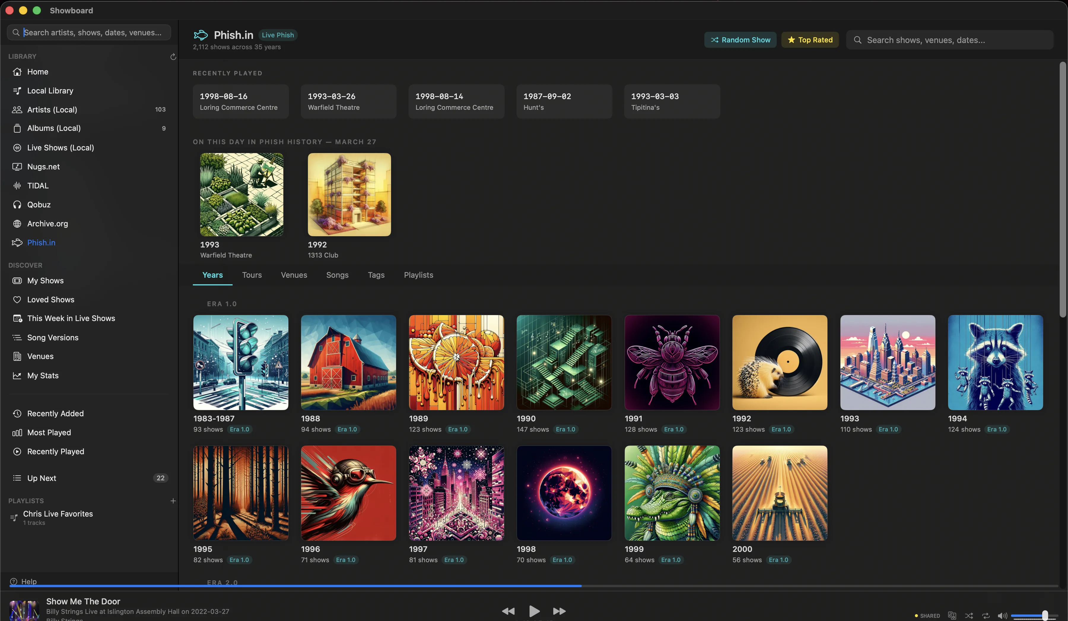 Phish.in browser showing live show archive