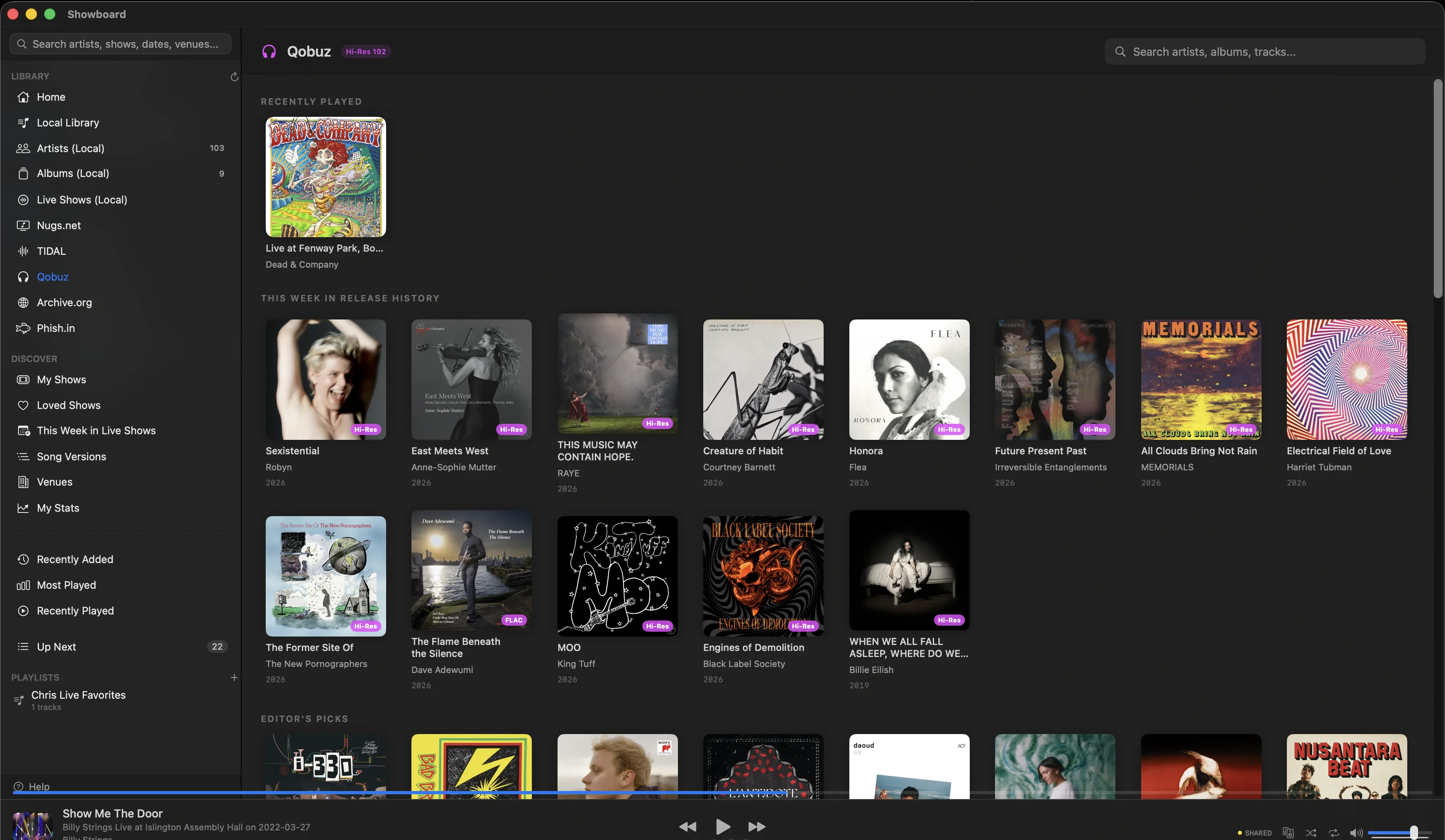 Qobuz integration in Showboard showing recently played and release history